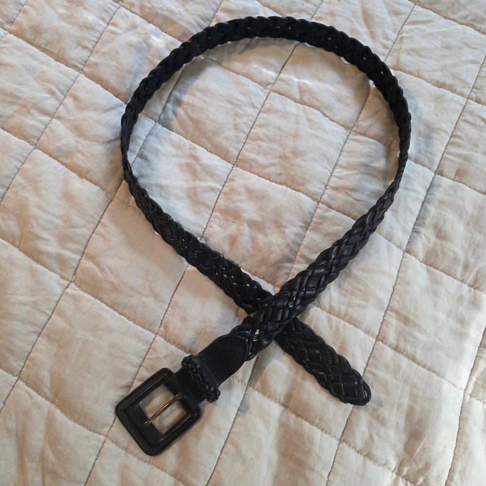Talbots Braided Leather Belt Womens XL Black Woven Square Buckle Turkey